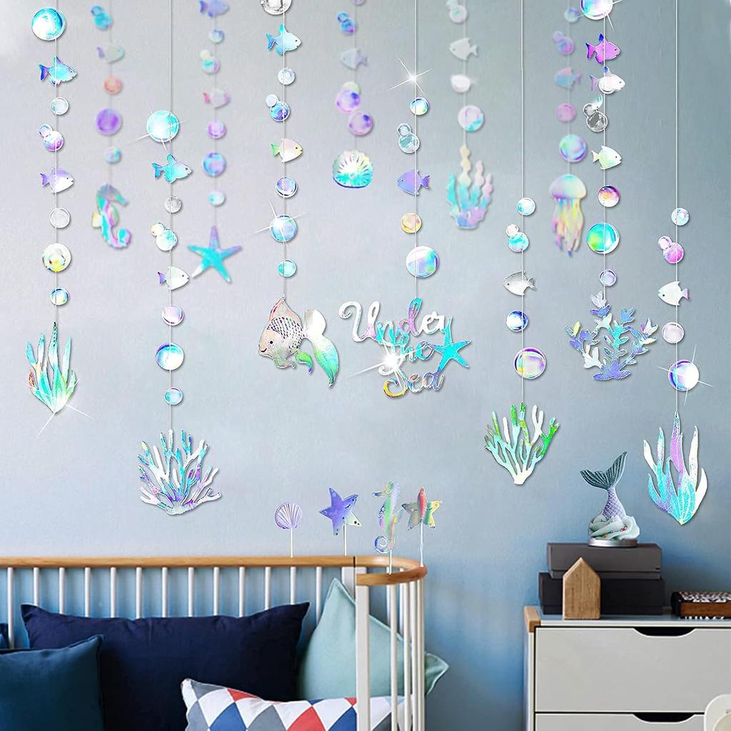 Cheerland Iridescent Under The Sea Party Decorations Holographic Bubble Garlands Mermaid Birthday Decorations Ocean Theme Decor Beach Pool Moana