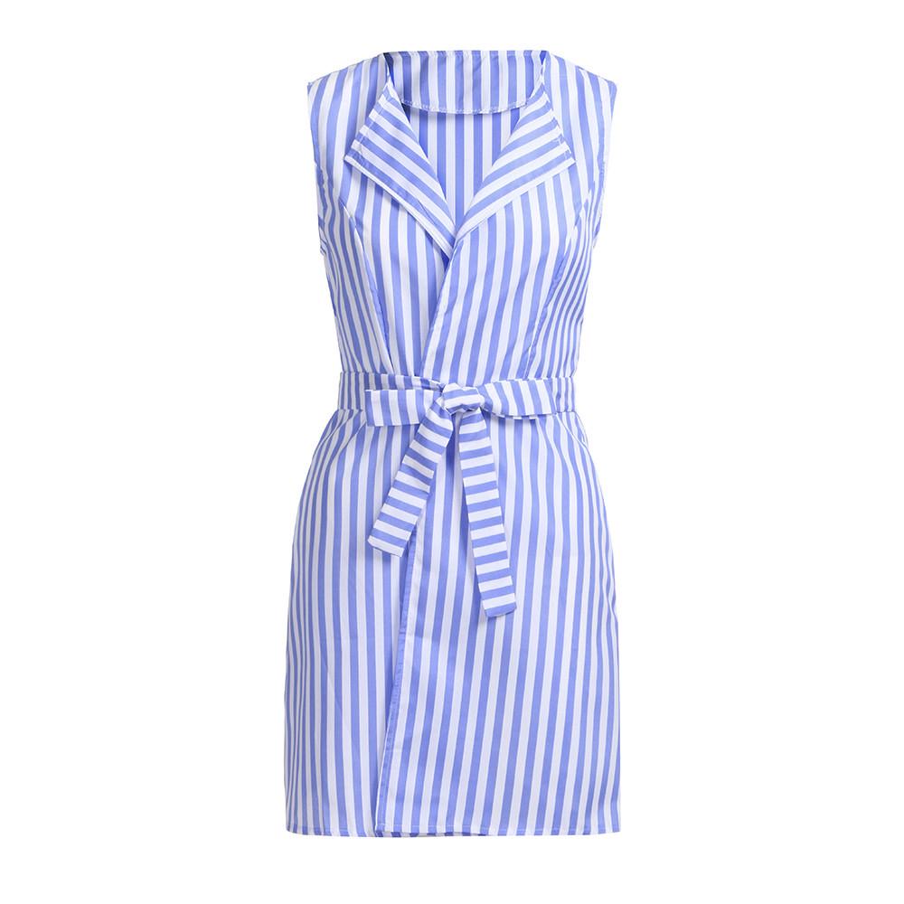 Women Summer Sexy Belt Tie Up Work Office Striped Sleeveless Short Mini Dress