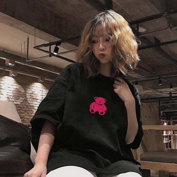 Summer new Korean version fashion small fresh loose rose red bear print short-sleeved T-shirt top women s ins tide M чёрный