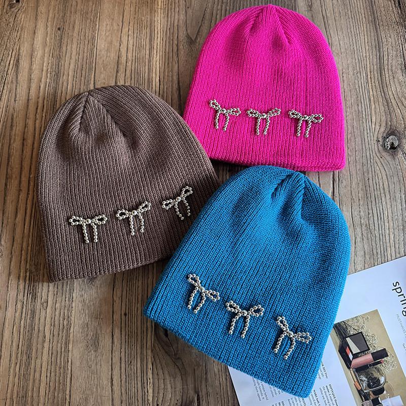 Fashion Color Solid Bow Decoration Women Casual Knitted Hat Autumn Winter And