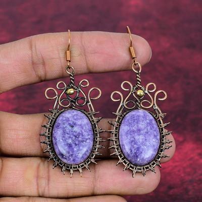 Lepidolite Earrings Gemstone Earring Copper Wire Wrapped Jewelry Handmade Earring