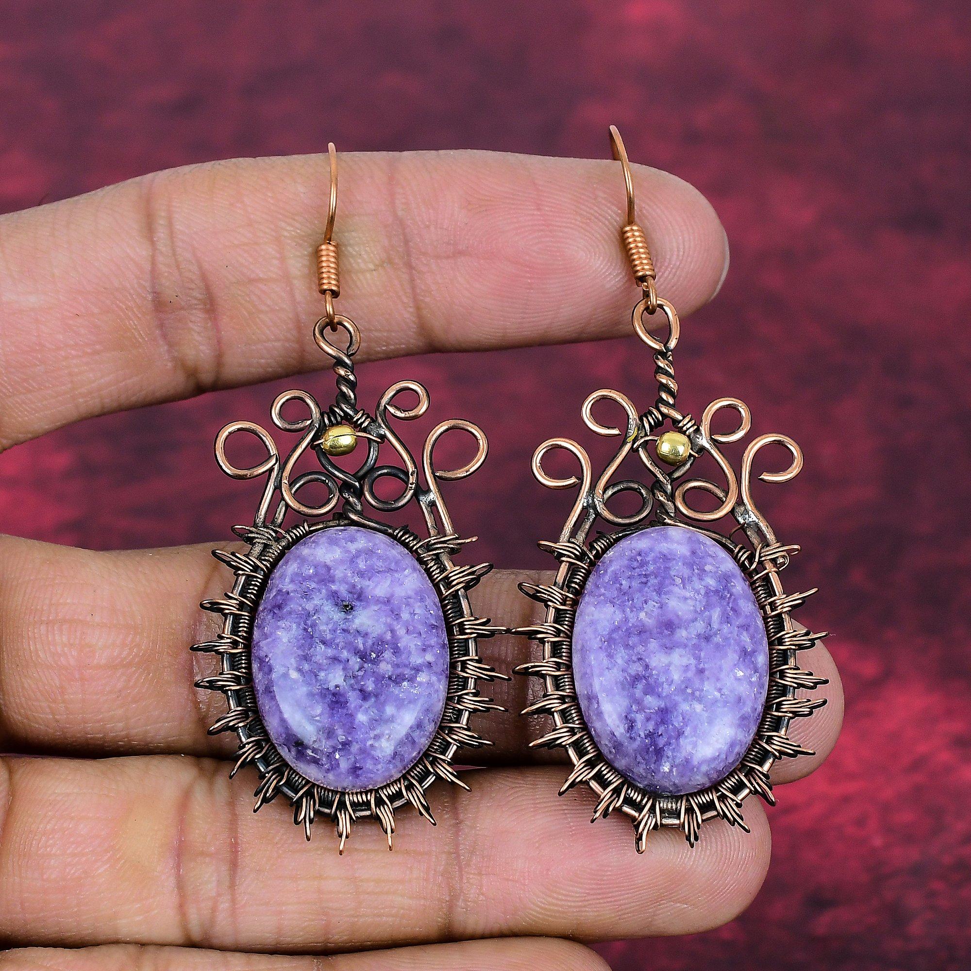 

Lepidolite Earrings Gemstone Earring Copper Wire Wrapped Jewelry Handmade Earring