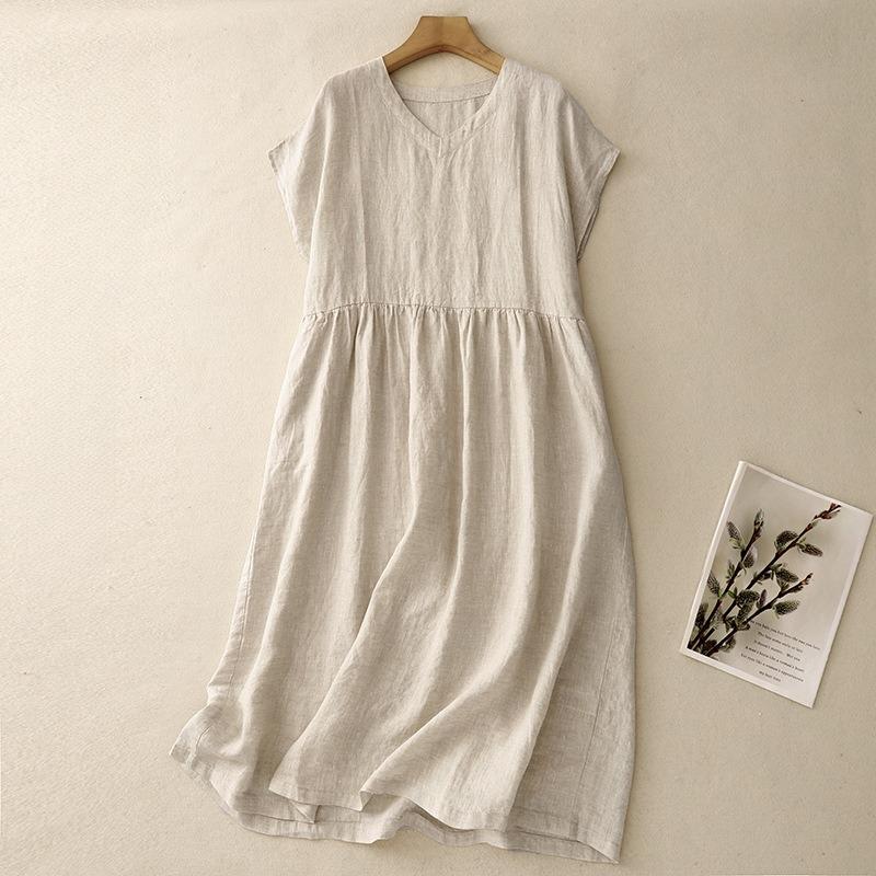 

Летнее Новое Платье Женское Большого Размера Лоскутное На Плечах С Коротким Рукавом 2XL льняной