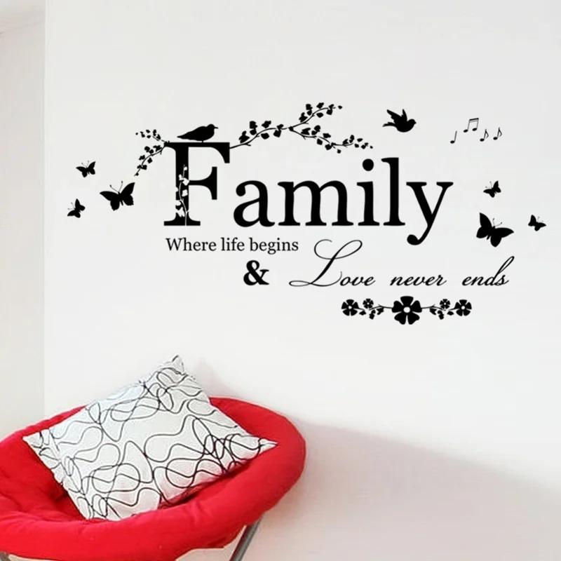 Familie Kjærlighet Never Ends Sitat Vinyl Veggklistremerke Veggdekor Bokstaver Kunst Ord Klistremerker Hjemmeinnredning Bryllupsdekorasjon Plakat