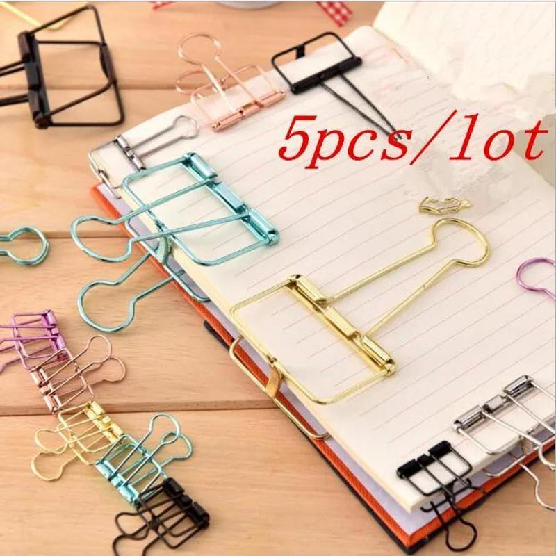 5Pcs Rose Gold Metal Binder Clips Office Binding Supplies Paper Documents School Accessories Kawaii Photo Decorative Bookmark