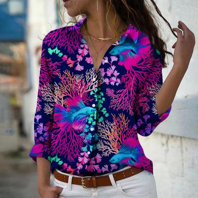 Underwater World Print Women Blouse Spring Autumn Femme Office Lady Button Up Turn Down Collar Shirts