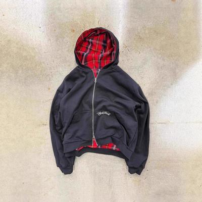 Double-Sided Plaid Hooded Zip-Up Sweatshirt With Embroidered Letters Streetwear Casual Pullover Women