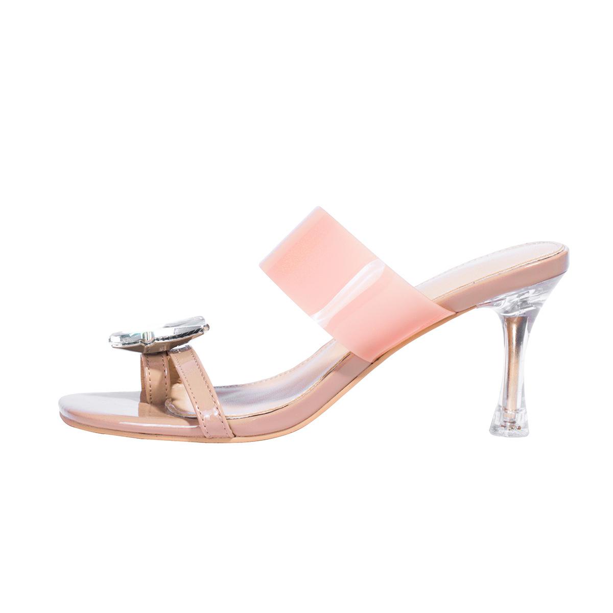 

Женские шлепанцы с открытым носком, корейская версия, весна-лето 2025, квадратный носок, прозрачный ремешок на одно слово, каблук-шпилька с бабочкой, универсальные 34