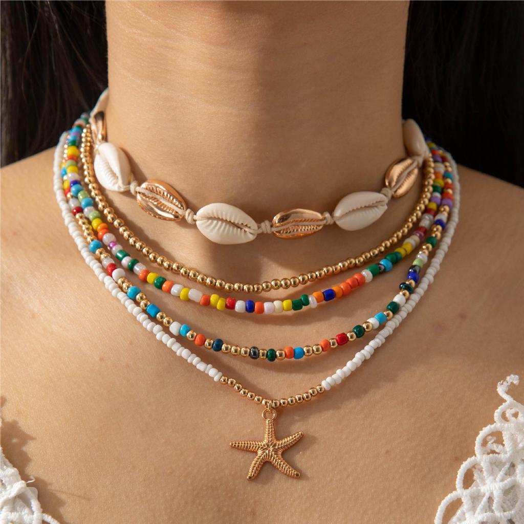 Bohemian Color Rice Bead Braided Rope Necklace Bracelet Set, Beach Wind Starfish Jewelry Twelve-piece Set