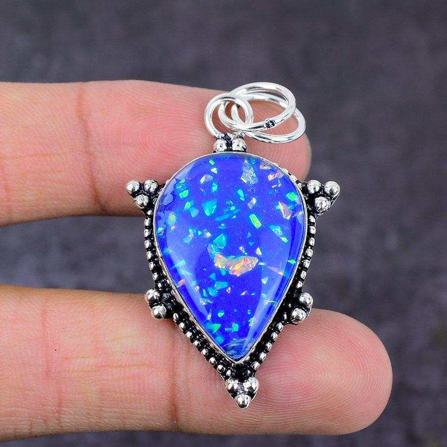Blue Triplet Opal Gemstone Handmade 925 Sterling Silver Gift Pendant 2.09" Q6p96