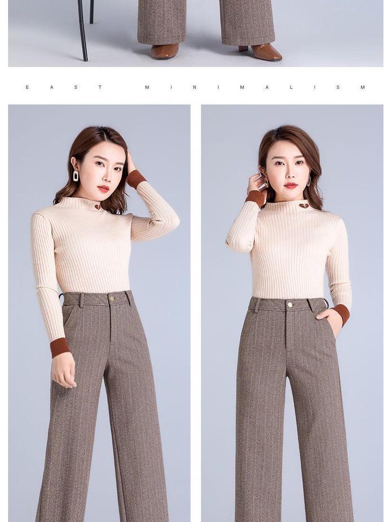Women's High-Waisted Woolen Herringbone Wide-Leg Trousers, Plus Size, Thickened for Autumn/Winter 2025