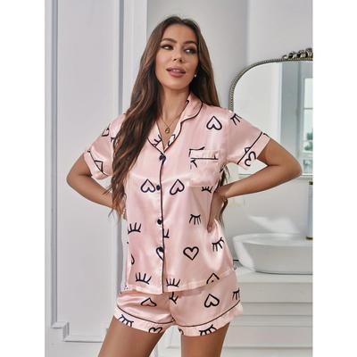 Heart & Eyelash Print Satin Pajama Set Casual Short Sleeve Buttons Lapel Top & Elastic Shorts Women's Sleepwear