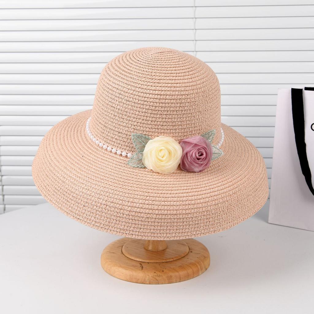 Hepburn Style Straw Hat Summer Elegant Straw Top Hat Seaside Beach Sun Hat Sun Protection Pearl Big Edge Hat