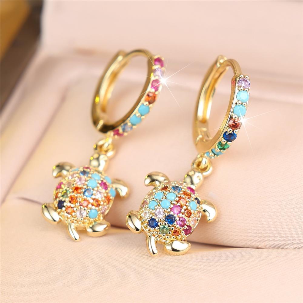 Cute Animal Female Small Rainbow Zircon Stone Turtle Hoop Earrings Trendy Fashion Gold Color Wedding Jewelry For Women