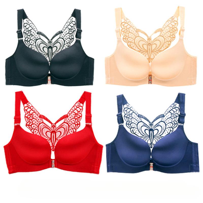 Simple Solid Butterfly Pattern Bra, Comfy & Breathable Buckle Front Underwire Push Up Bra, Women's Lingerie & Underwear