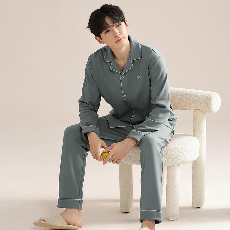 

Мужской пижамный костюм весна-осень хлопковая ночная рубашка с лацканами мужская удобная мягкая пижама комплект для мальчика 2XL