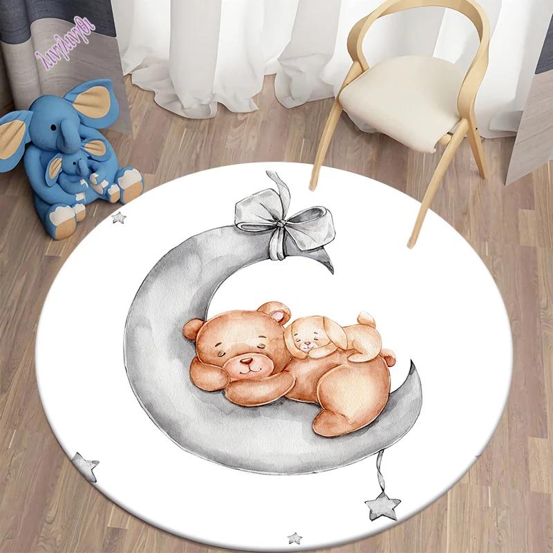 Cartoon Bear Balloon Round Carpet Kawaii Area Rugs Circle Carpets for Living Room Floor Mat Polyester Anti-Slip Mat for Children