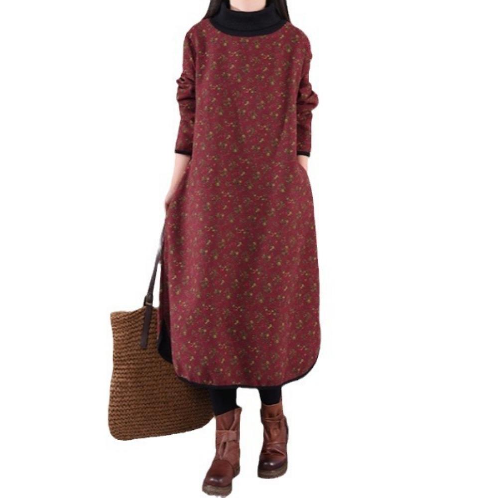 Loose Women's High Neck Floral Cotton Linen Dress