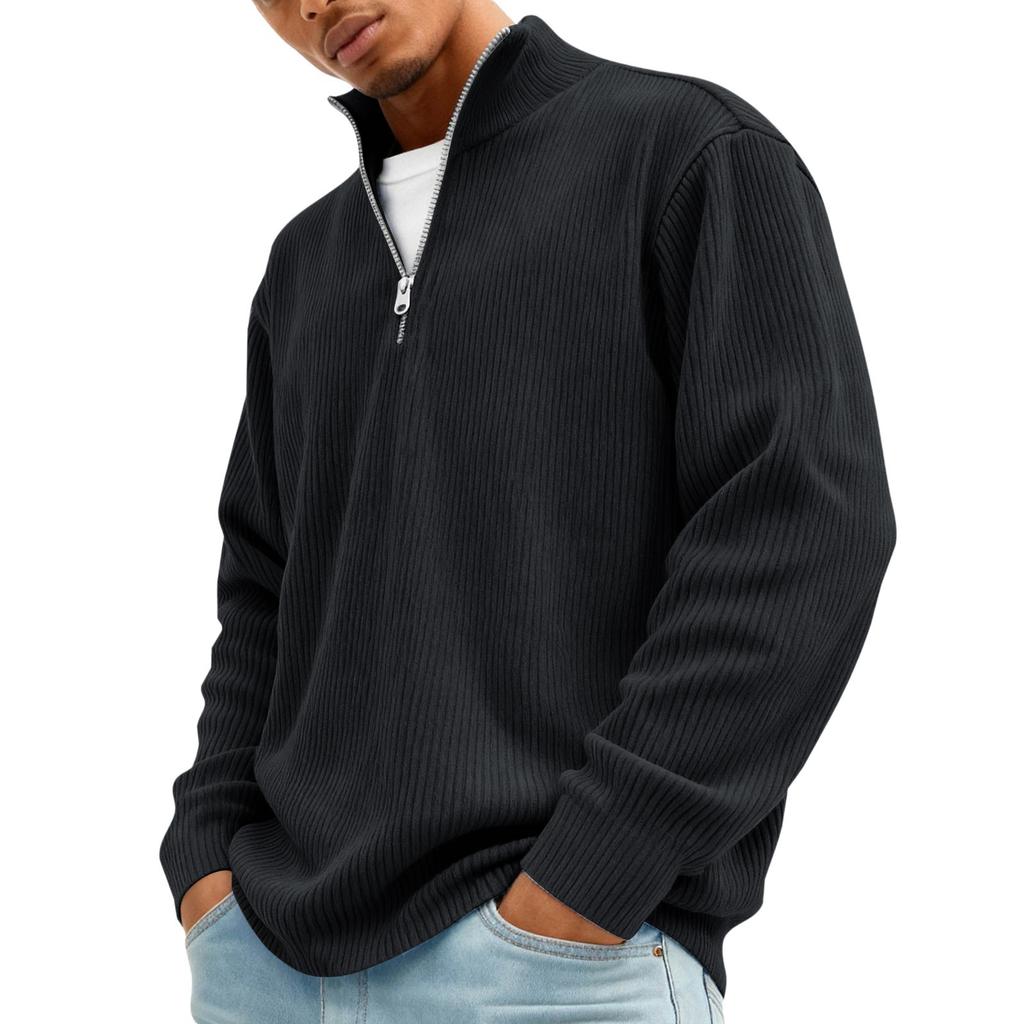Men’s Ribbed Knit Pullover Sweater Quarter Zip Stand Collar Long Sleeve Casual Loose Fit Top