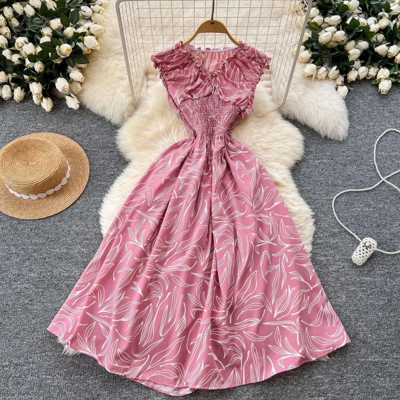French dress summer fashion waist V-neck sleeveless slim print big pendulum retro dress