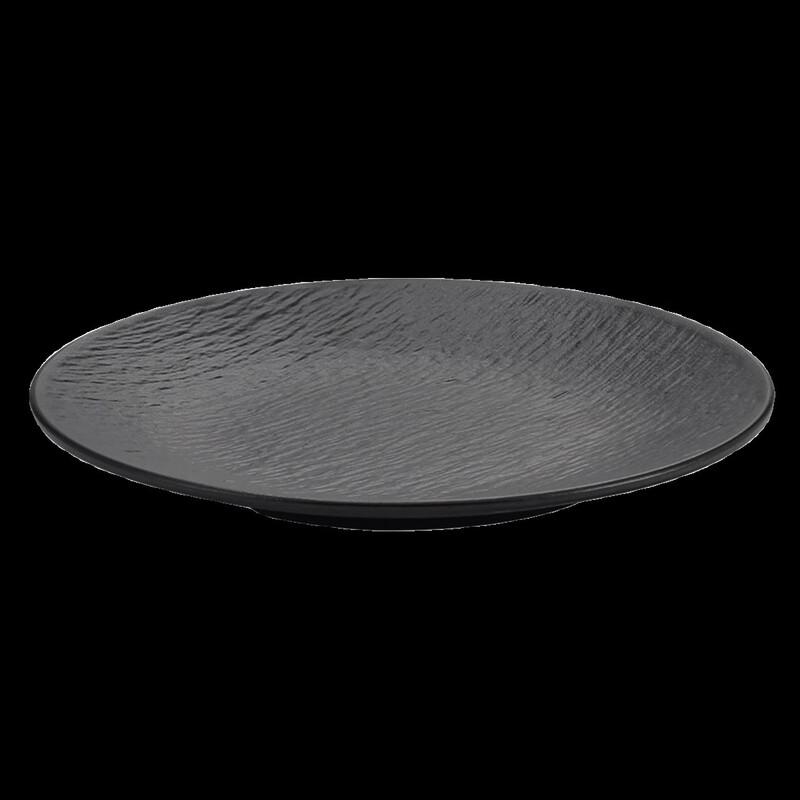 Japanese Melamine Black Round Dinner Plate with Tree Bark Texture