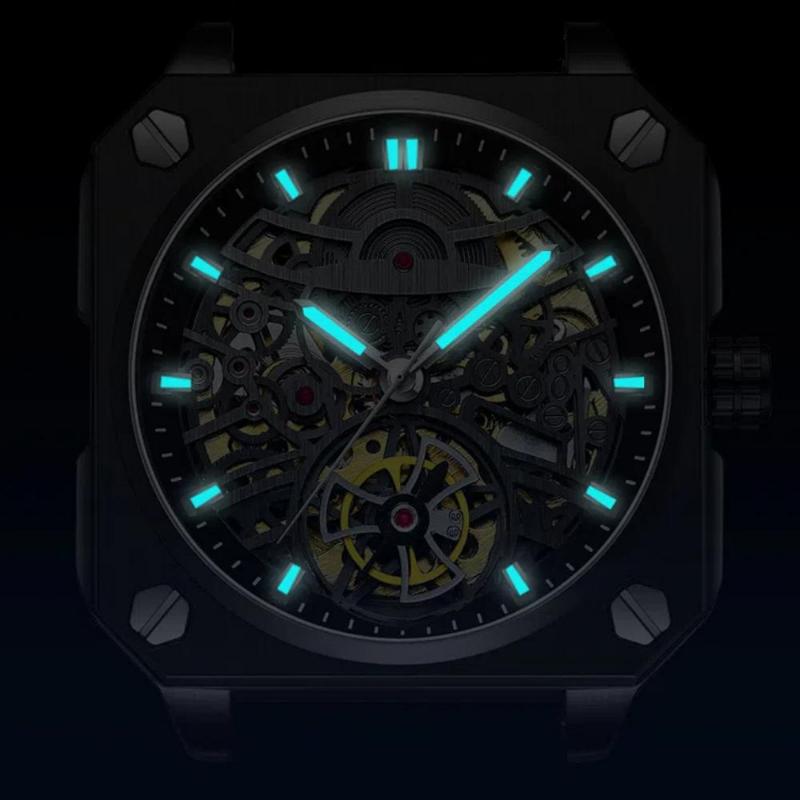 BINBOND Transparent Waterproof Luminous Watches Trendy Hollowed Out Square Men Watch Skeleton Tourbillon Fully Automatic Mechanical Wristwatch