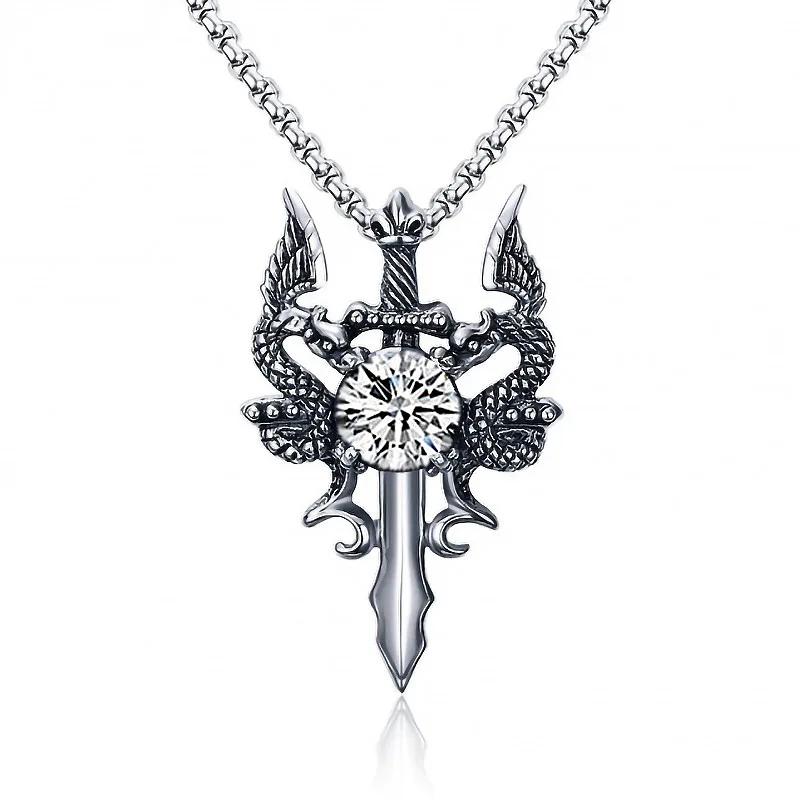 

Creative Personality Punk Red Zircon Double Dragon Sword Pendant Necklace for Men Goth Rock Stainless Steel Collar Chain Jewelry білий