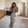  European and American Amazon women's clothing new French floral shoulder slim top + hip slim dress set