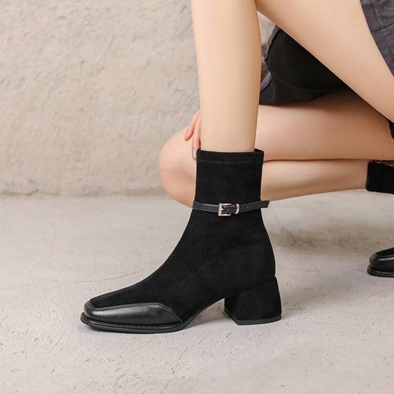Korean version of mid-heel side zipper Martin boots women's rubber sole square head leather boots square heel solid color autumn and winter la