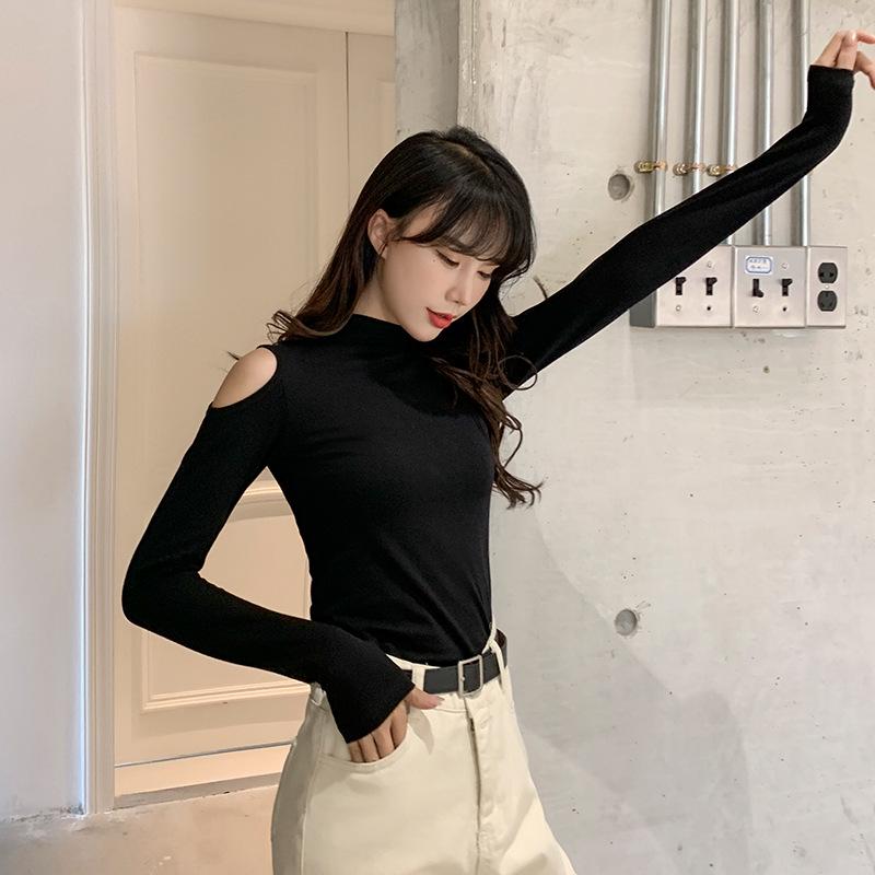 Women's Black Off-Shoulder Slim Fit Long Sleeve Korean Style Top