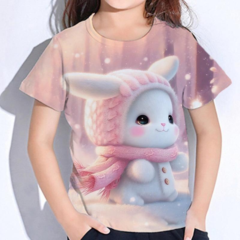 Cute Rabbit Short Sleeved Shirt Cartoon Print Girls Children Soft Comfortable T-Shirts Girls