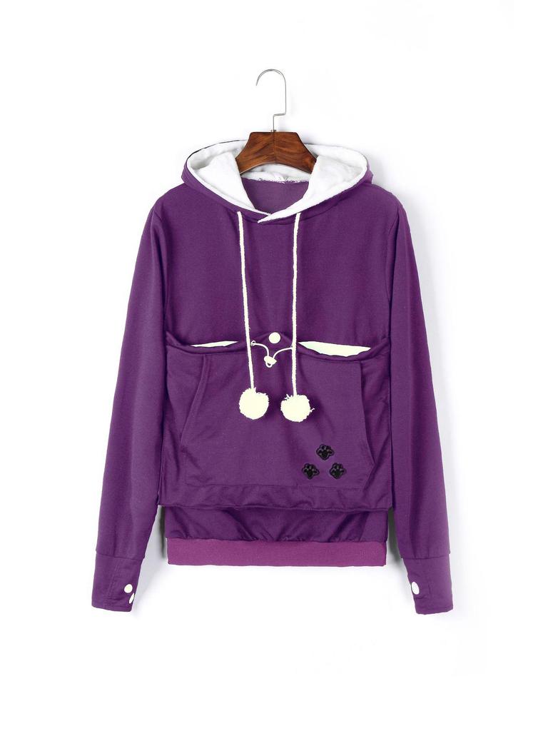 Embroidered Large Pocket Hooded Women's Sweatshirt - Autumn Thin Long-Sleeve