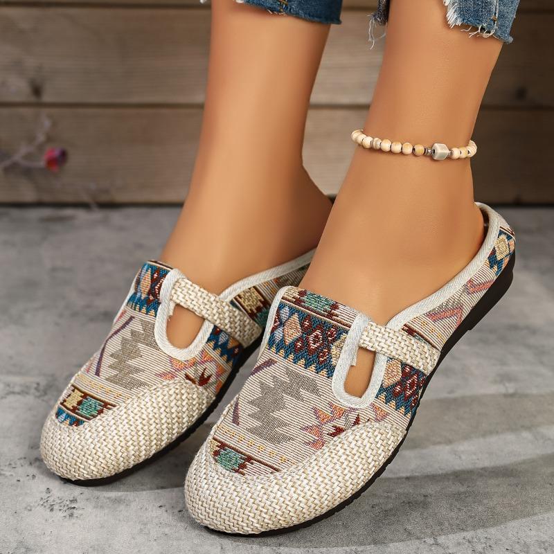 Ethnic Style Embroidered Shoes Linen Breathable Half Slippers For Women With Soft Soles Women's Cloth Shoes For One Foot