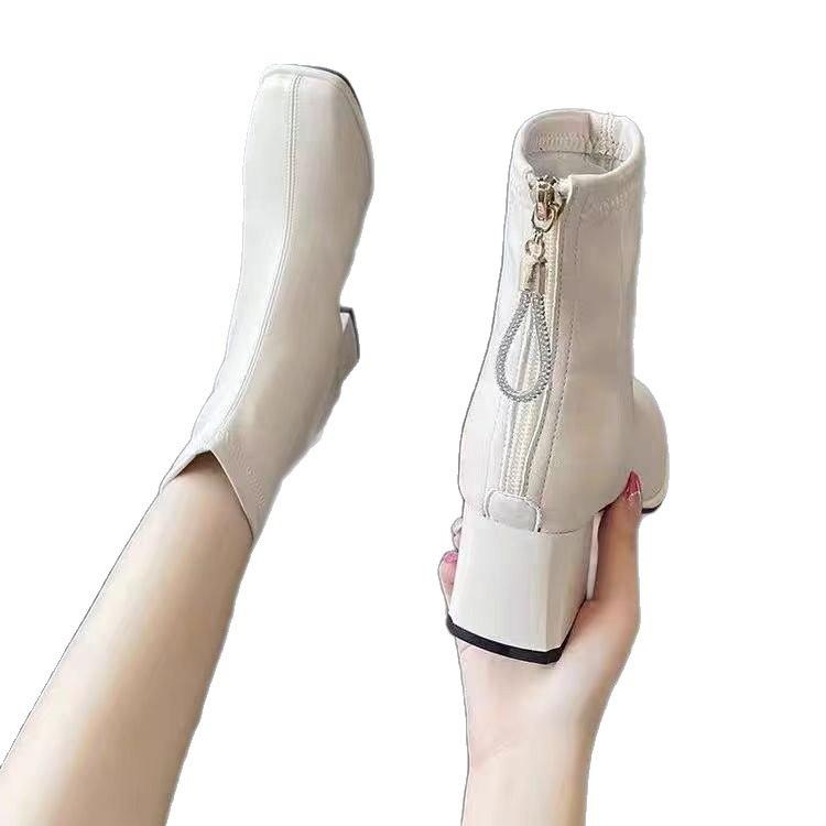 Autumn and winter new short boots women's thick heel single boots 2025 French high heels thin leather boots fashion outside Martin boots