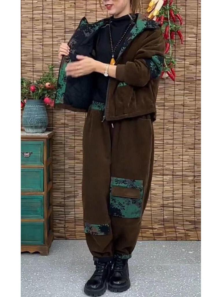 Cord-Kapuzenjacke & Hose Set mit Flanellfutter – Große Größen, Locker & Stilvoll für Herbst/Winter.