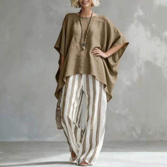 Women T-shirt Pants Two Piece Set Summer O-Neck Short Batwing Sleeves Shirt Striped Trousers Loose Casual Top Pants Suit
