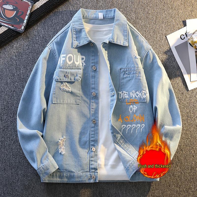 Men s Plush Printed Ripped Denim Jacket - Autumn/Winter 2025 Trendy Warm Lettered Lapel Shirt 2XL