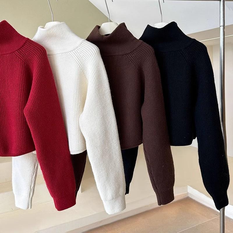 Poloviční vysoký límeček na zip Pletený svetr pro ženy Podzimní Lucerna Rukáv Vintage Volné Pulovry Svetry Zimní Silné Ležérní Jednobarevné Teplé svetry 25404