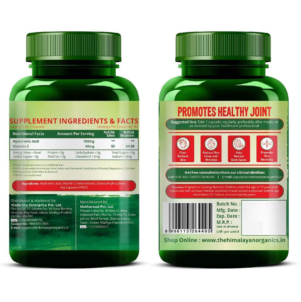 Vlado’s Himalayan Organics Hyaluronic Acid 100 mg Capsules For Skin Hydration Joint Support Supplement 90 Veg Capsules