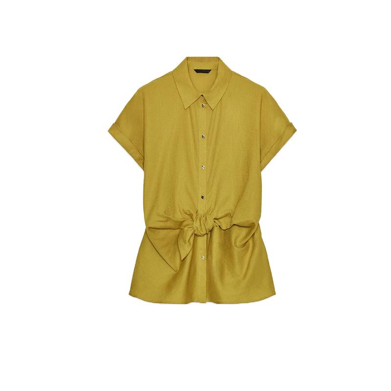 Flip Collar Short Sleeve Linen Blend Bow Tie Shirt 8138389 High Waist Straight-leg Casual Pants 8632389