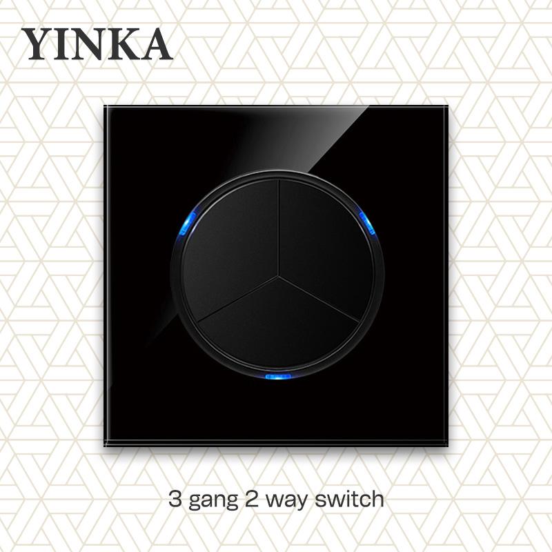 YINKA Tempered Glass 1/2/3/4 Gang 1/2 Way On / Off Wall Light Switch LED Indicator FR EU Standard Universal Home Socket