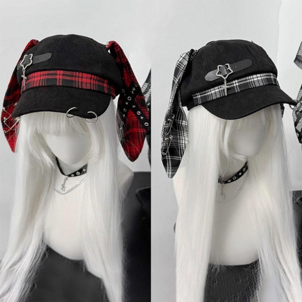 Metal Ring Accents Rabbit Ear Beret Y2K Punk Style Visor Beret Cap Alternative Fashion