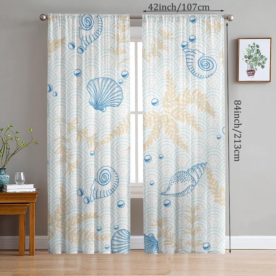 

Set Of 2 Shell Conch Printed Curtains Pole Bag Christmas Decorations Home Room Curtain Made Polyester W100*H70(CM)-Hooks&1PCS