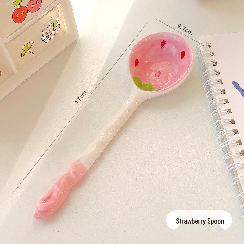 Long-Handled Ceramic Strawberry Spoon - Cute Cartoon Design for Kids