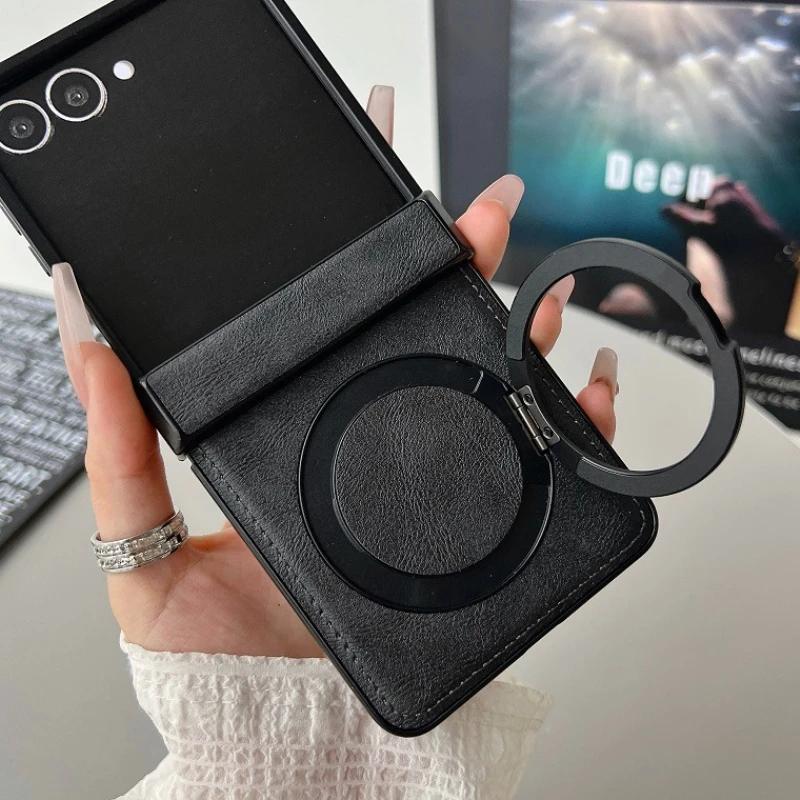 Business Sle Magnetic Rotating Holder Phone Case for Samsung Galaxy Z Flip3 4 5 6 7 Leather 3-piece Hinge Set Anti-Scratch Cover