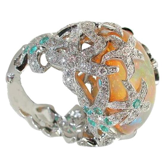 Vintage Starfish Faux Rhinestone Banquet Jewelry Opal Party Gift Finger Ring