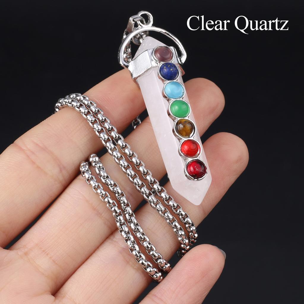 1Pc, Spiritual Healing Crystal Pendant Necklace, Geometric Double-pointed Hexagonal Pyramid Inlaid Seven Chakra Gems Charms Necklaces for Women Men