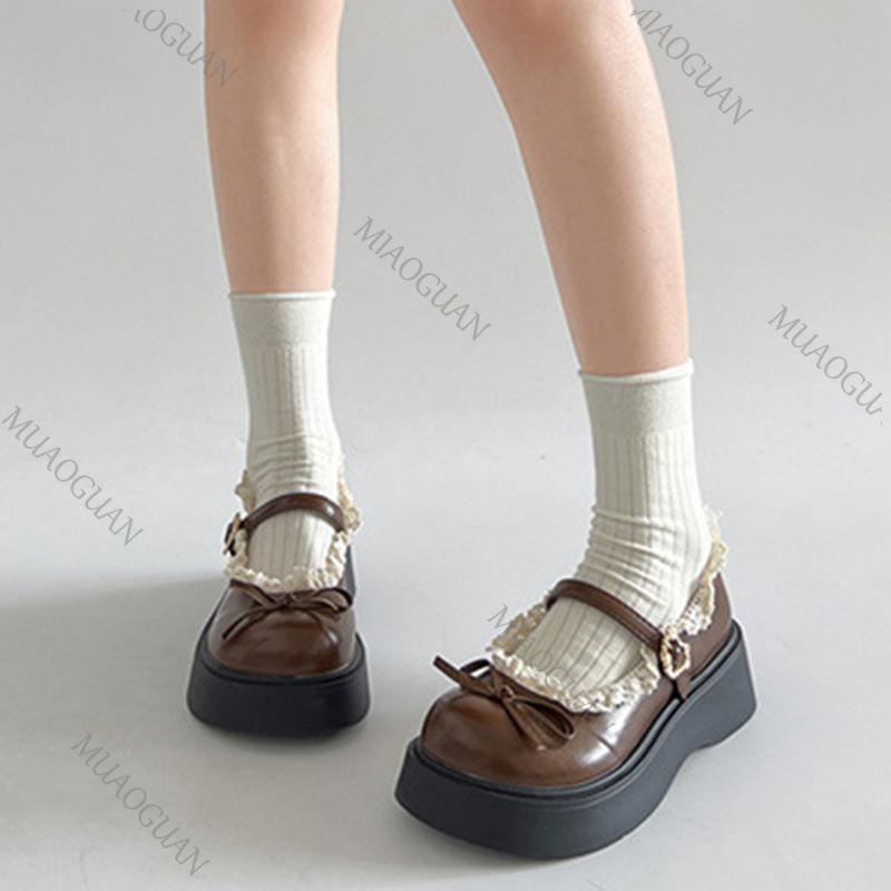 Fashion French Brown Round Head Thick Bottom Lolita Shoes New Spring Shallow Mouth Mary Jane Single Shoes Casual Lace Flat Bottom Loaers