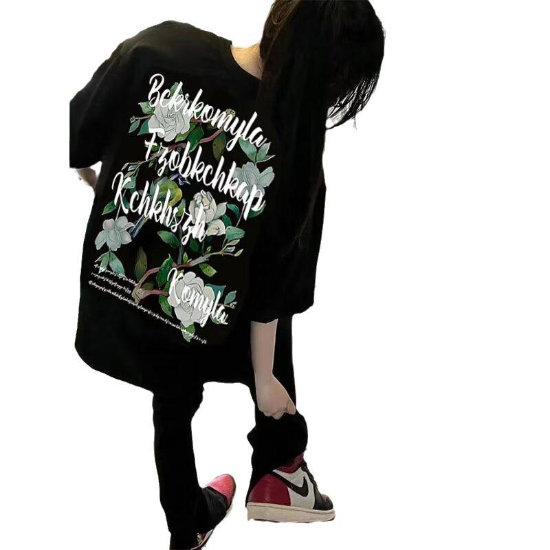 Harajuku Style Green Ink Print Loose Casual Short Sleeve T-shirt for Women