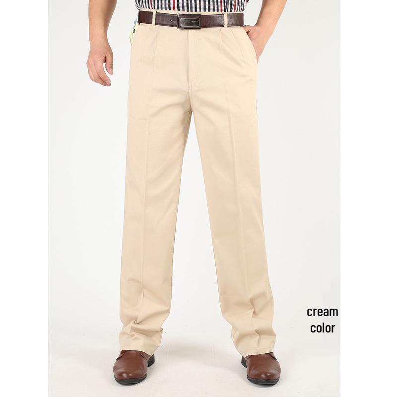 Men's High Waist Double Pleated Cotton Pants - Spring/Summer, Loose Straight Leg, Plus Size